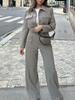 Spring Summer Casual Women Solid Suits Fashion Streetwear Pockets Turn-down Collar Short Jackets+Chic Wide Leg Pants