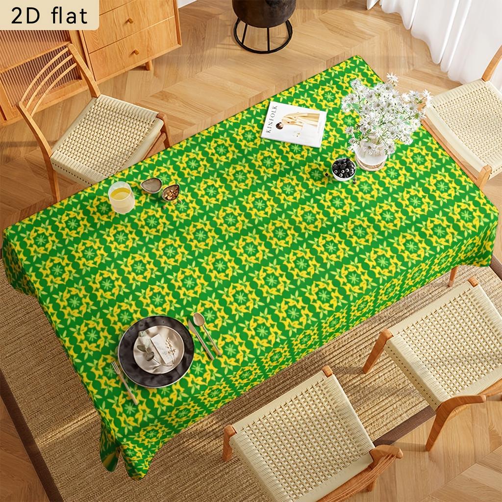 2D Flat Banner 1pc Green And Yellow Floral Tile Pattern Tablecloth, 2D Flat Kitchen Table Rectangular Decor, Party Tablecloth Home Decor, Suitable for
