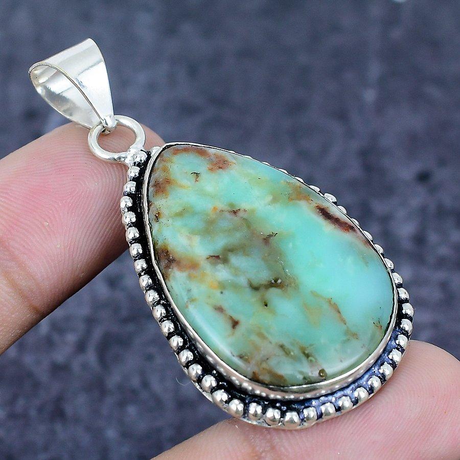 Natural Chrysoprase Gemstone 925 Sterling Silver Jewelry Pendant 2.13" D8o04