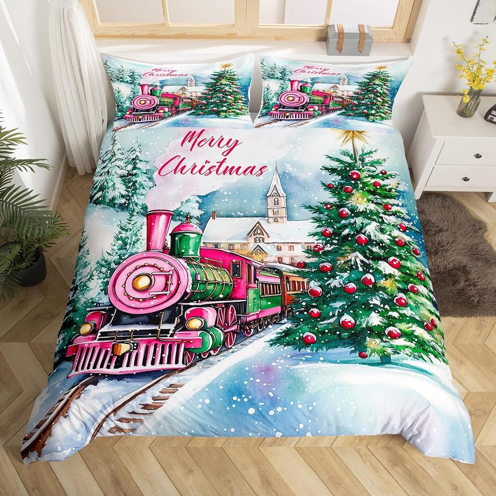 Winter Snow Train Duvet Covers For Kids Teens Queen Size Lightweight Quilt Covers Train Railway Track Bedding Set No Comforter