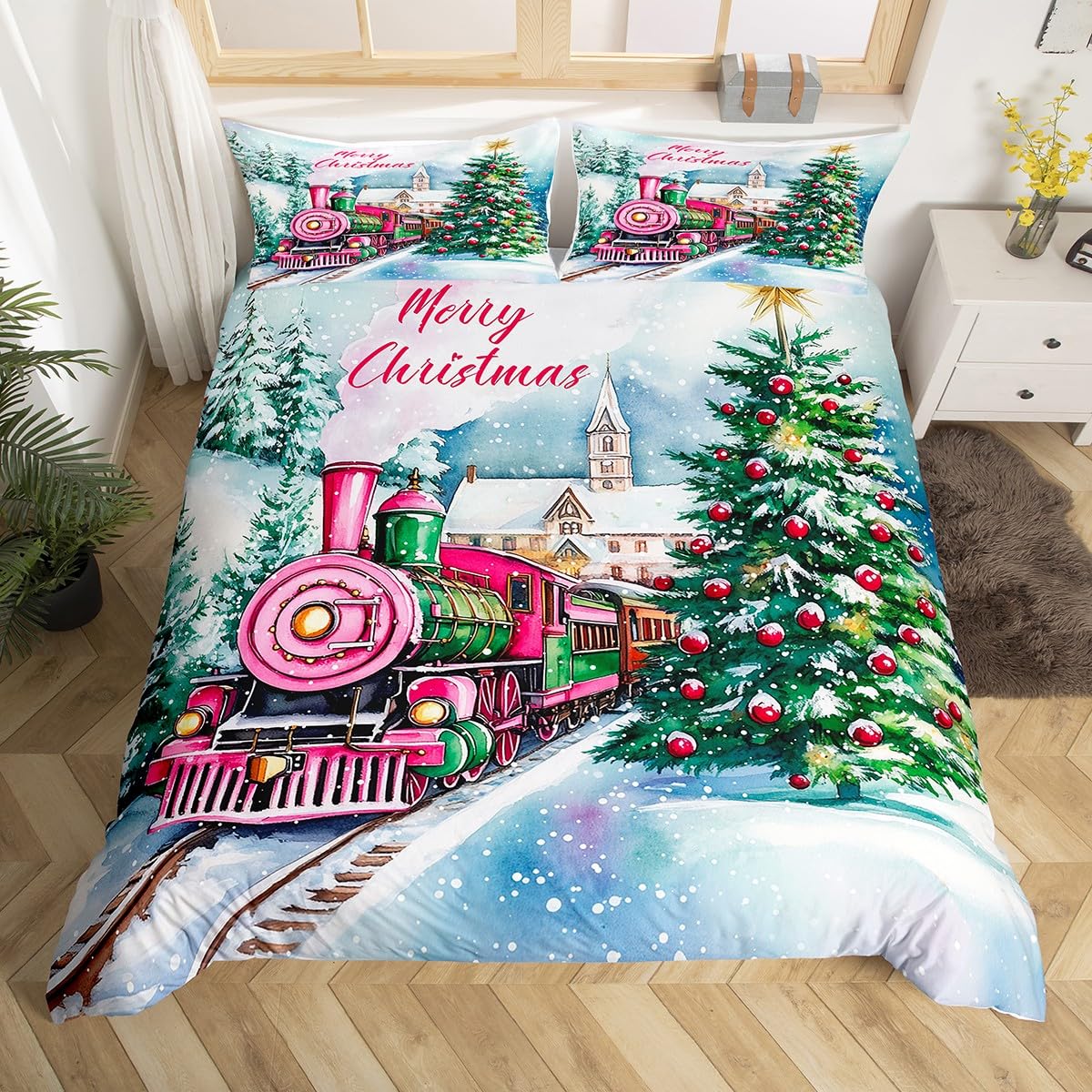 

Winter Snow Train Duvet Covers For Kids Teens Queen Size Lightweight Quilt Covers Train Railway Track Bedding Set No Comforter EU Single(135*200cm)3pcs