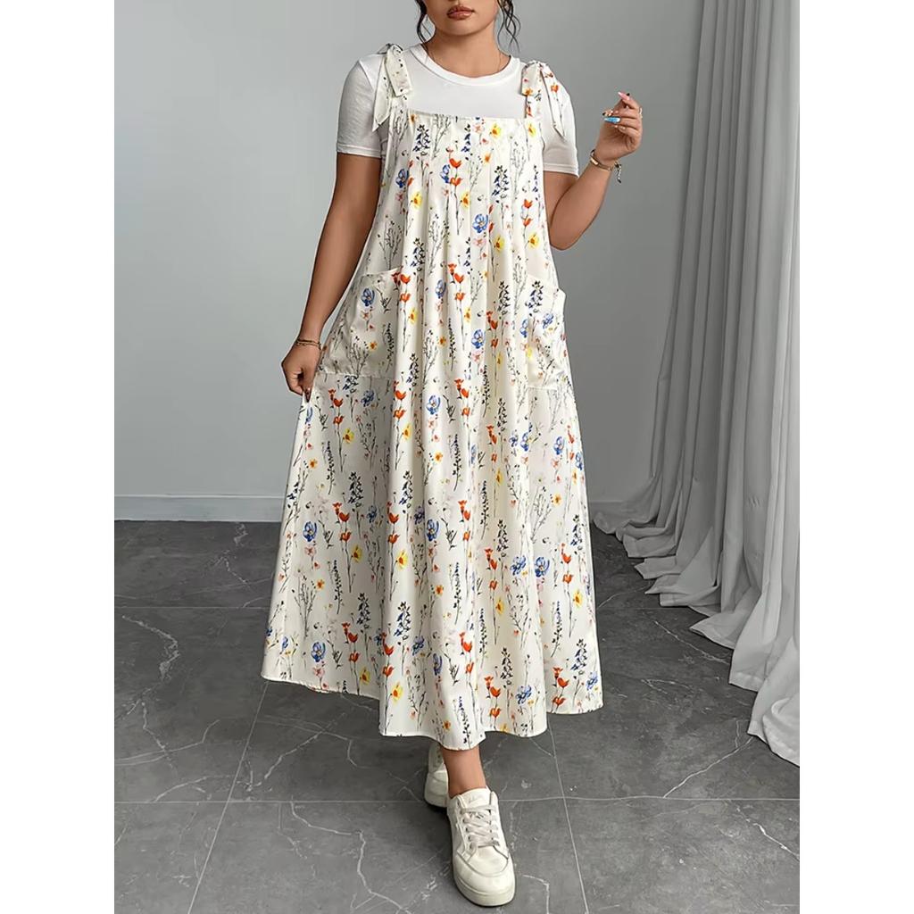 Plus Size Solid Tie Shoulder Overalls Dress For Women  Summer Casual Loose Sleeveless Maxi Long Dresses with Pockets