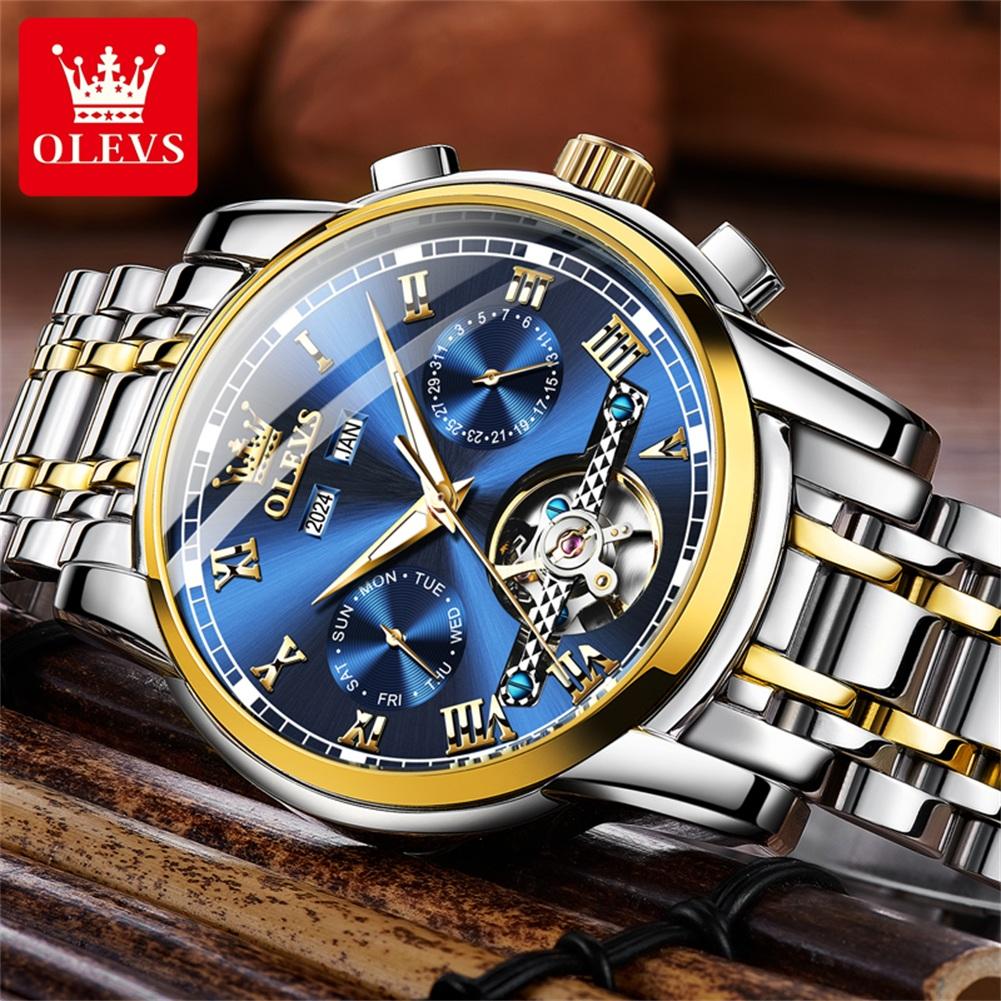 OLEVS 6607 Automatische Herrenuhren Top Original Mechanische Uhr für Herren Luxus Skelett Schwungrad Wasserdicht Kalender Armbanduhr