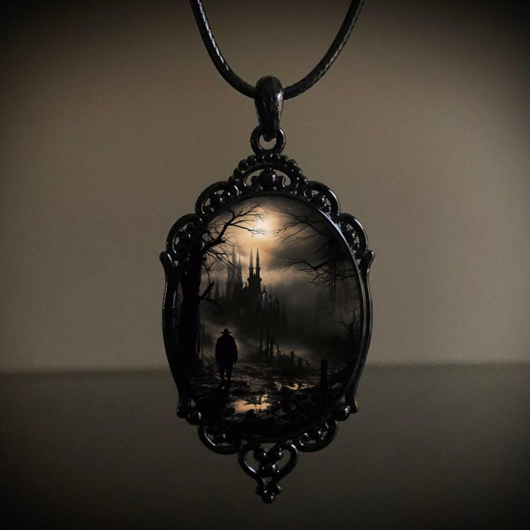 

Gothic Black Oval Bat Castle Crow Cross Cemetery Vampire Pendant Leather Rope Necklace for Women Men Hallowmas Jewelry Gift