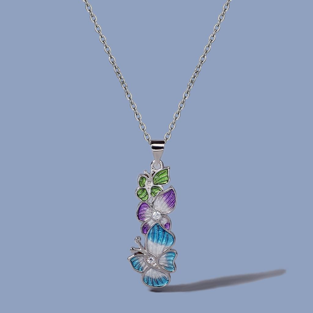 Creative Two Butterfly Lacquer Pendant with Long Enameled Leaf and Flower Necklace