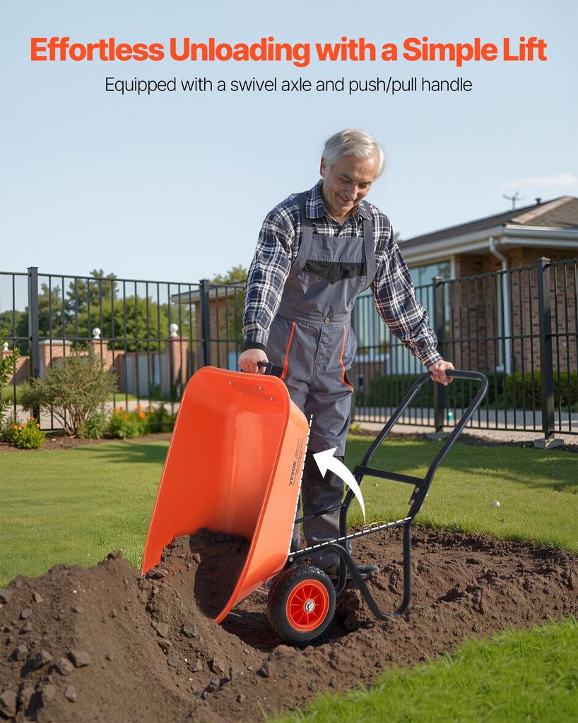VEVOR Wheelbarrow Cart, 5 Cu. Ft. Load & 397 lbs Capacity, 2 Wheels Garden Dump Cart, Garden Wagon with Handle & 10" Wide Track Wheels