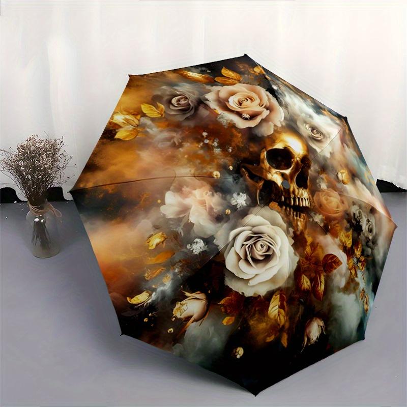 1pc Golden Skull amidst Roses Cartoon Umbrella, Portable 3-Fold Compact Umbrella, Suitable for Camping, Hiking and Travel, Ideal Easter Birthday