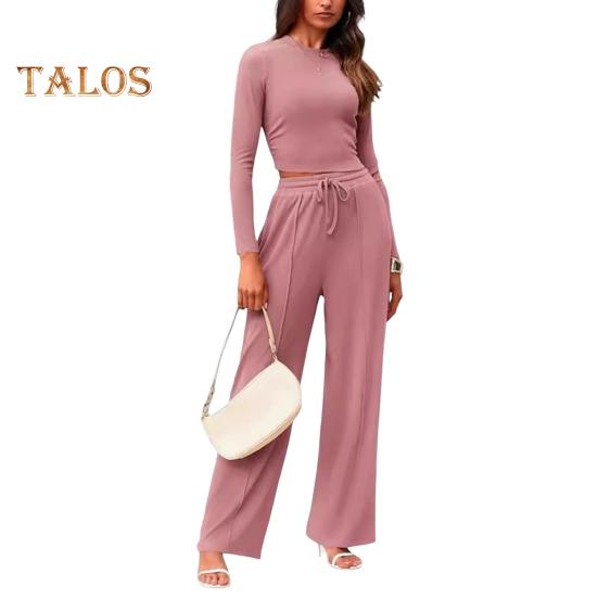 2 Pcs/Set Women Top Pants Suit Round Neck Long Sleeves Slim Fit Top High Waist Drawstring Wide Leg Trousers Tracksuit Casual Daily Wear Outfit