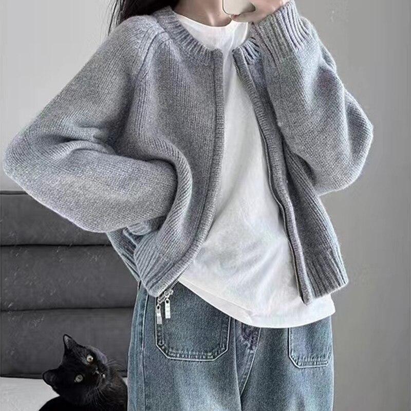 Winter Solid Knitted Cardigan Women Jackets Sweet Zipper Cropped Sweaters Korean Vintage Casual Loose Short Knitwears Coat 28975