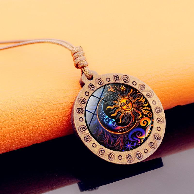 Sun Moon Goddess Time Round Wooden Vintage Brown Wax Rope Jewelry Pendant Necklace