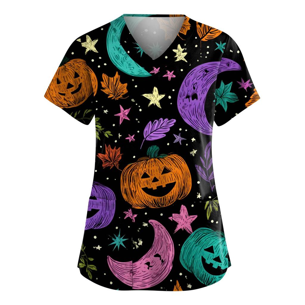 Women's Fashion V-Neck Short Sleeve Overalls With Pockets Halloween Printed Tops  Apparel
