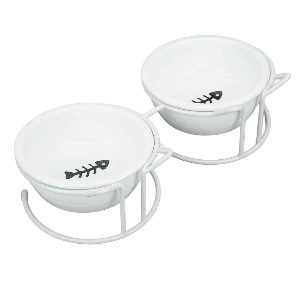 Pet Double Ceramic Bowl Double Ceramic Raised Cat Bowls with Metal Stand and Cover for Food and