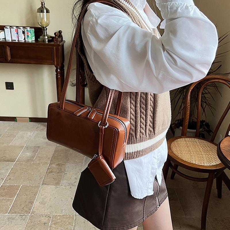 Women Fashion PU Leather Pillow Top Handle Shoulder Bags Retro Solid Color Underarm Bags With Small Purse Female Handbags ARI
