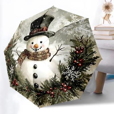 1pc Winter Wonderland Snowman Automatic Folding Umbrella Compact 8 Rib Design, Durable Iron Frame for Travel, Outdoor, A0920074