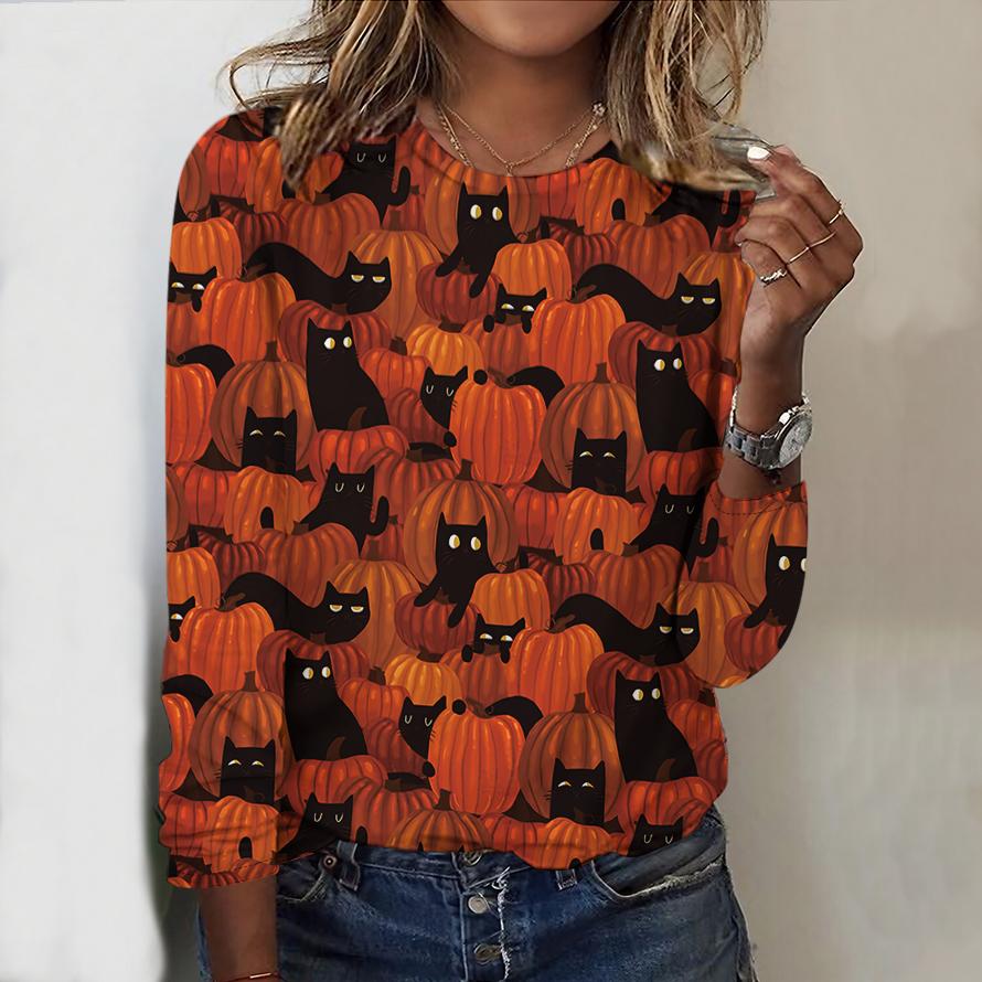 2025 Autumn & Winter Women's New Casual Crew Neck Long Sleeve Top 3D Halloween Pattern Ideal Halloween Christmas Gift