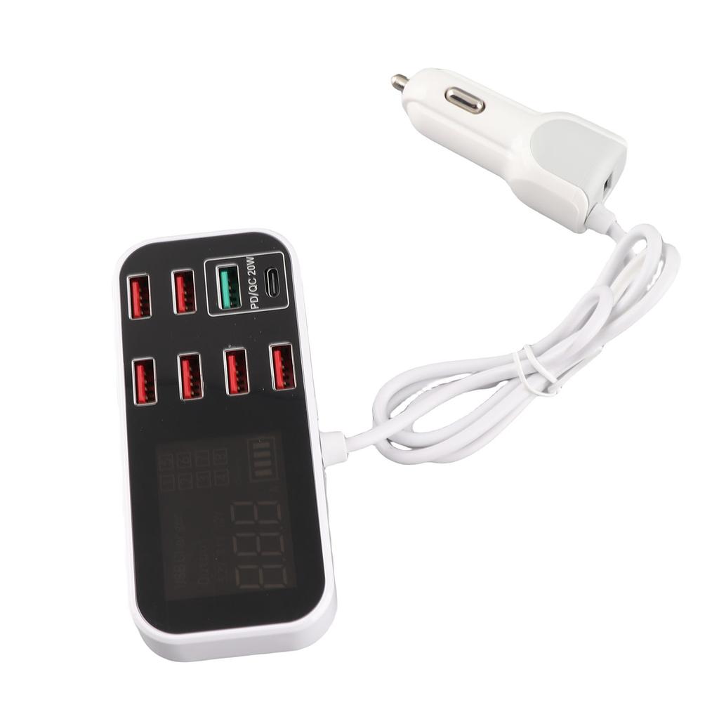 40W Multiple USB Car Charging Station 8 Ports USB Car Display Charger Adapter QC3.0 and Type C PD Car Charger Adapter