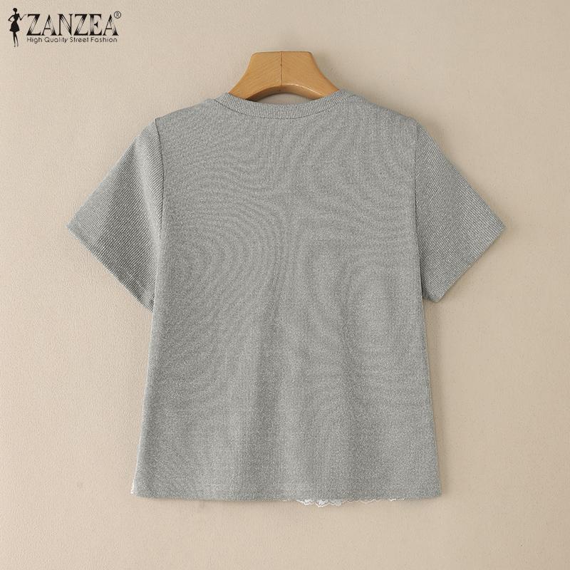 ZANZEA Women Casual Round Neck Short Sleeve Lace Splice Fake Two Piece Splice T-Shirts