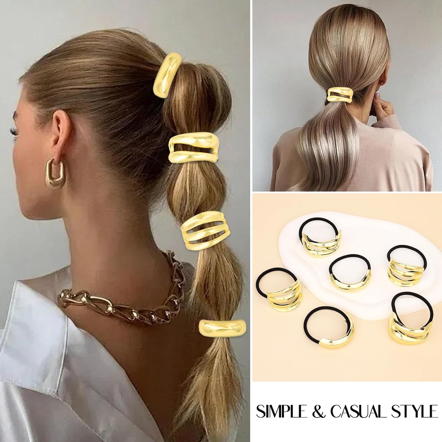 CURASA Metal Hair Cuffs, 6PCS Ponytails Hair Ties for Women, Gold Hair Cuffs, Geometric Hair Ties for Thick Hair Elastic Gold Hair Tie Arch Fashion