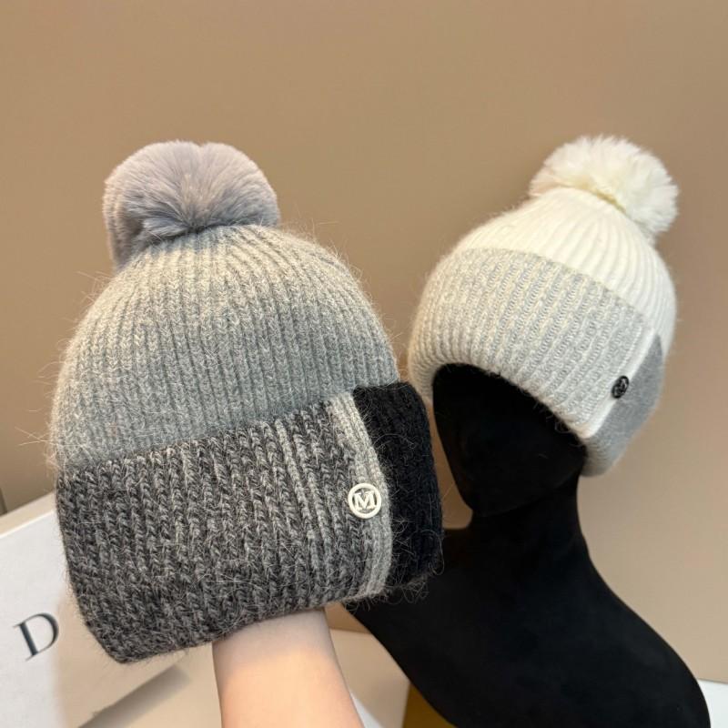 Winter Knit Hat With Rabbit Fur Fleece Ear Flaps Pom Warm Windproof Women