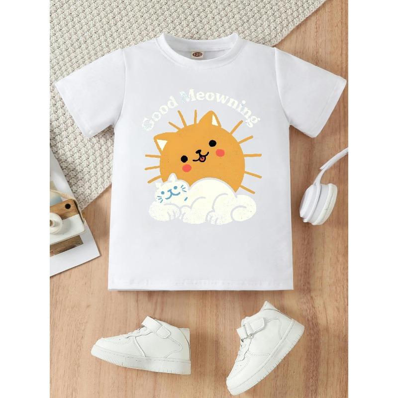 European sizes Girls' Summer Short-sleeved T-shirt, Cute Cartoon Cat-shaped Sun Print Round Neck Top, Short-sleeved Casual Top