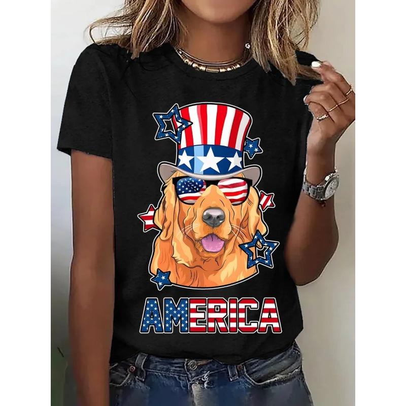 Women's T-Shirt Golden Retriever American Flag Hat Printing Fashion Casual Street Round Neck Oversized Summer Women's Clothing