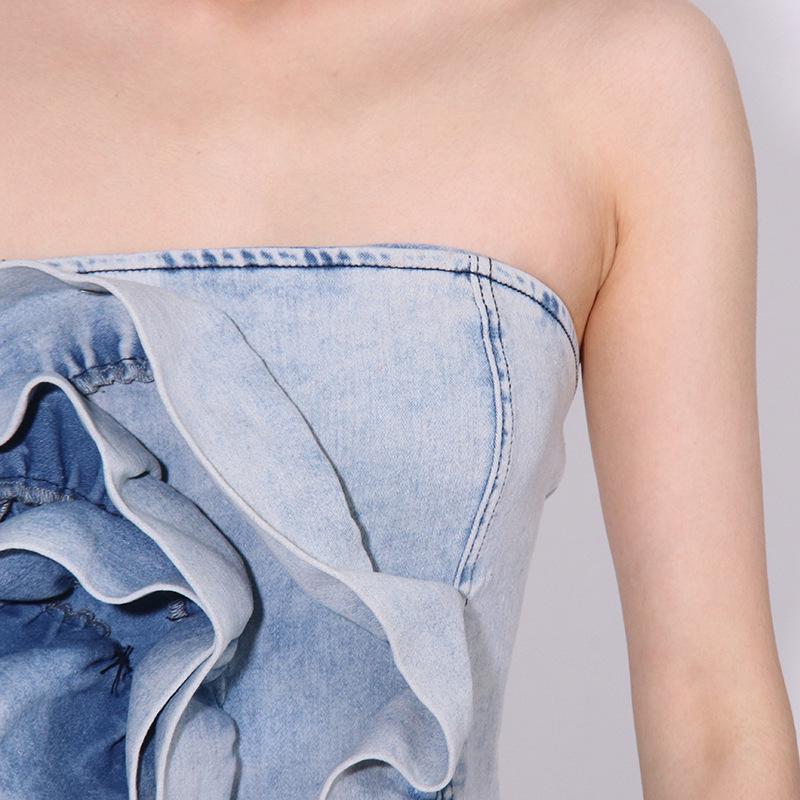 2025 Spring Trend: Sexy Short Denim Dress with Tube Top & Ruffled Floral Design