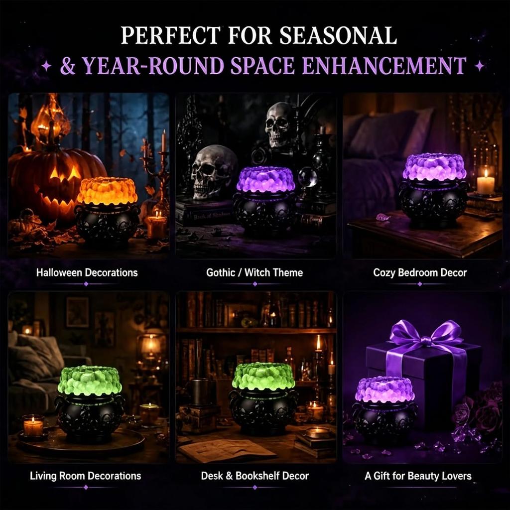 Light-up Color-Changing Cauldron Waterglobe 3-Wick Candle Holder Halloween Witch Bubble Cauldron Decor LED Soft Light Spooky Ambience Table