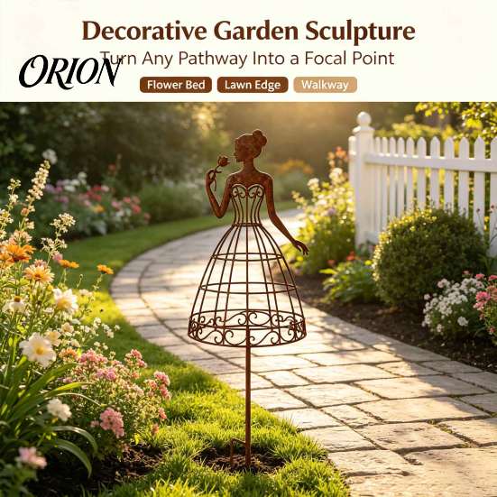 Stylish Metal Garden Art Accents Vintage Lady Trellis Stake, Rustic Silhouette Plant Support for Climbing Graceful Stakes Borders Vines And