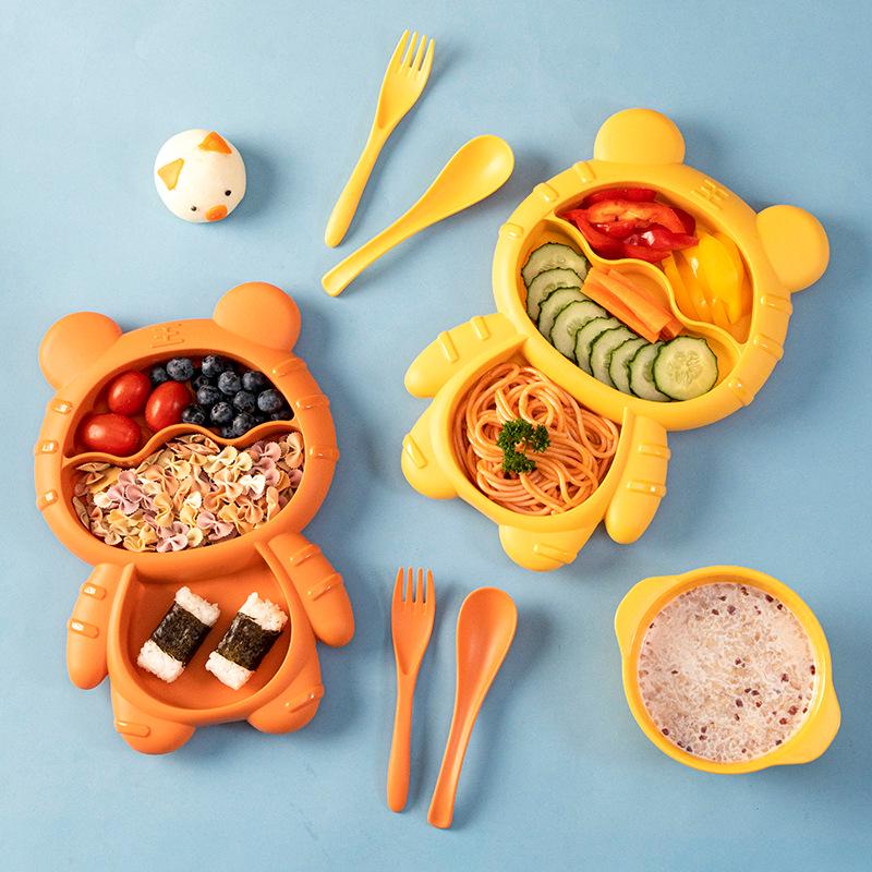 Cute Cartoon Kids' Divided Plate & Feeding Set: 4-Piece Infant Bowl, Spoon & Fork