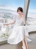 2025 Elegant White V-Neck Jacquard Summer Dress for Women - High Waist, Gentle Style, Long Moonlight Design