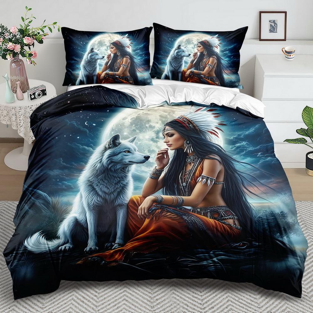 Wolf And Beauty Bedding Set 3D Printing 2-3 Piece Set (No Core) Suitable for Bedroom Duvet Cover Set Gift Home Decor Textile Eusingle 135x200cm