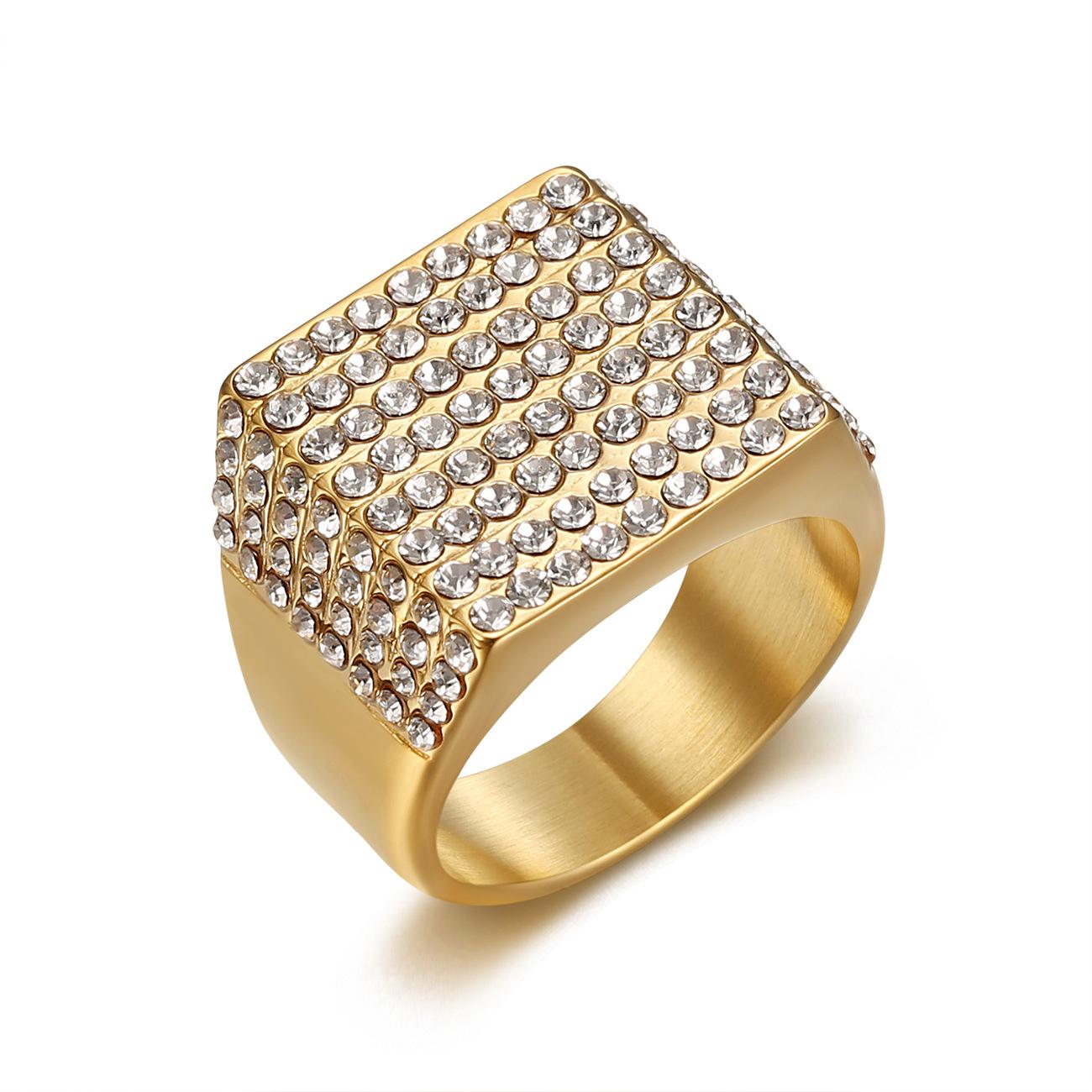 Hot Selling Hip Hop Jewelry Titanium Steel Gold Plated Square Full Diamond Ring 7No.
