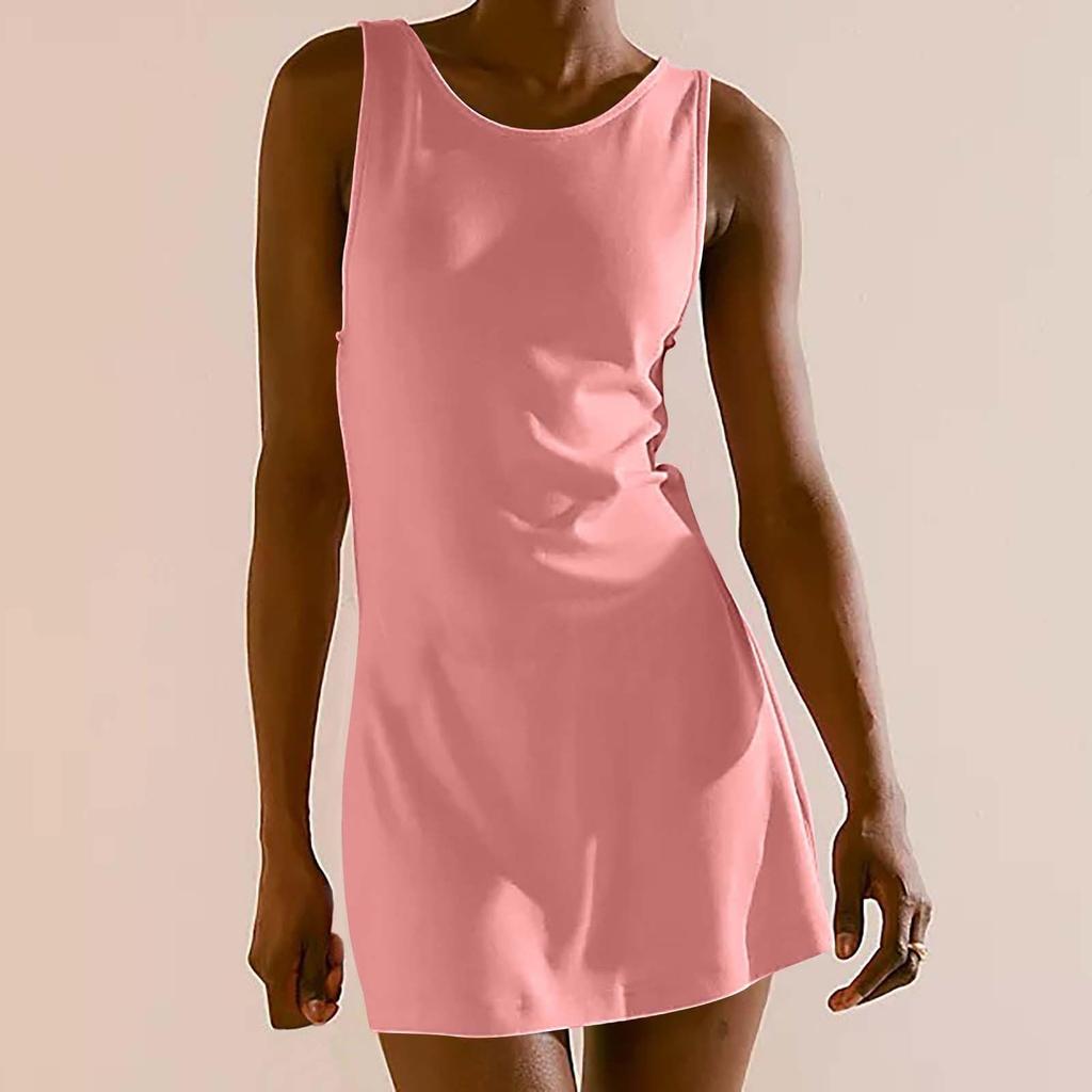 Women Sleeveless Casual Crew Neck Fitted Solid Tank Dress Soft Lightweight Simple Design Comfortable Mini Dress for Daily Wear