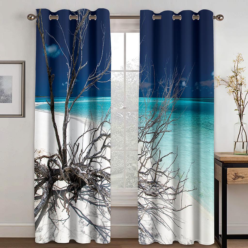 3D Printing Polyester Semi Sunshade Curtain, Cheap Thin Shading, Natural Sea, Beach Scenery, Bedroom, Living Room, Home Hook Dec