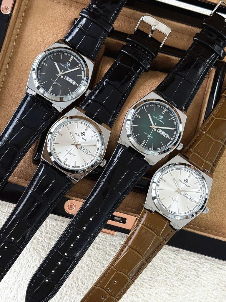 PABLO RAEZ Men's Dual Calendar Waterproof Quartz Watch with Leather Strap