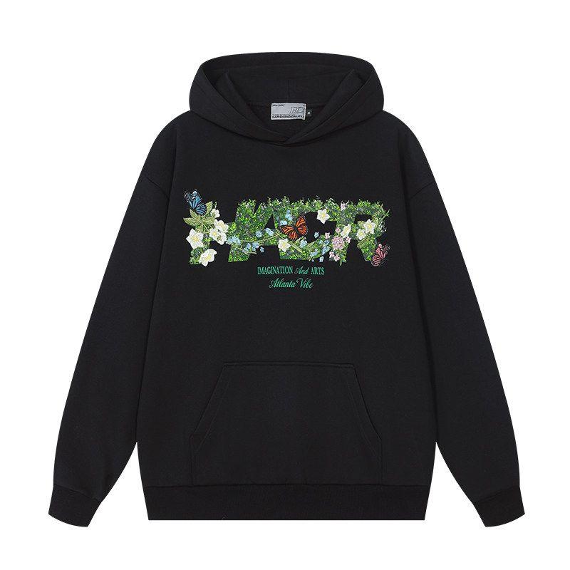HACR Plant Harshandcruel Green Plant Embroider Florals Butterfly Couple Loose Fleece Hooded Sweater