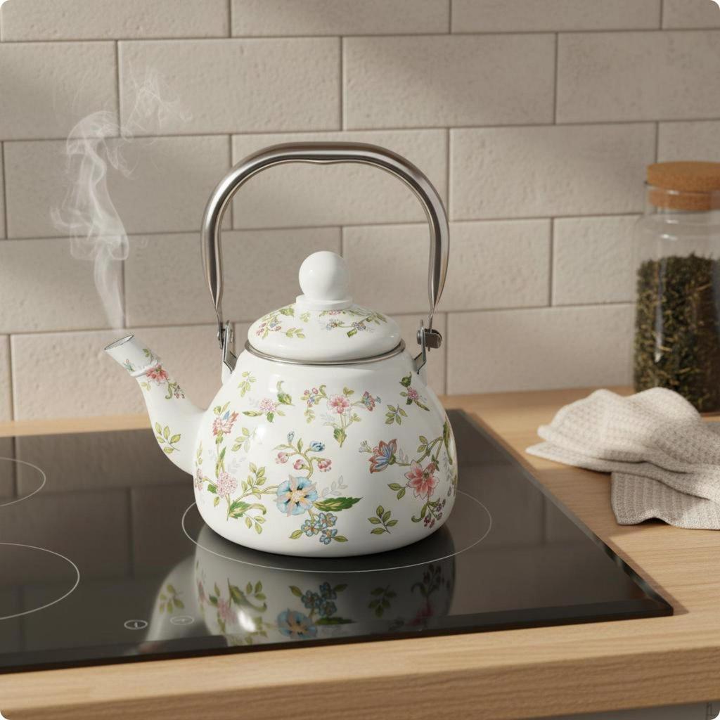 1L Enamel Kettle Induction Compatible Mini Stovetop Easy To Clean Floral Teapot