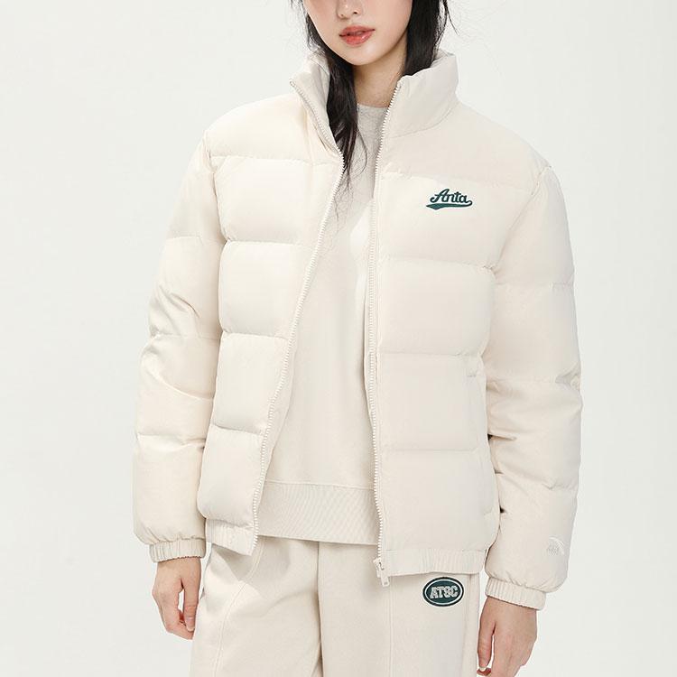 Anta Letter Zipper Stand Collar Long Sleeve Down Jacket Women Outerwear Stone-White 162348903-1