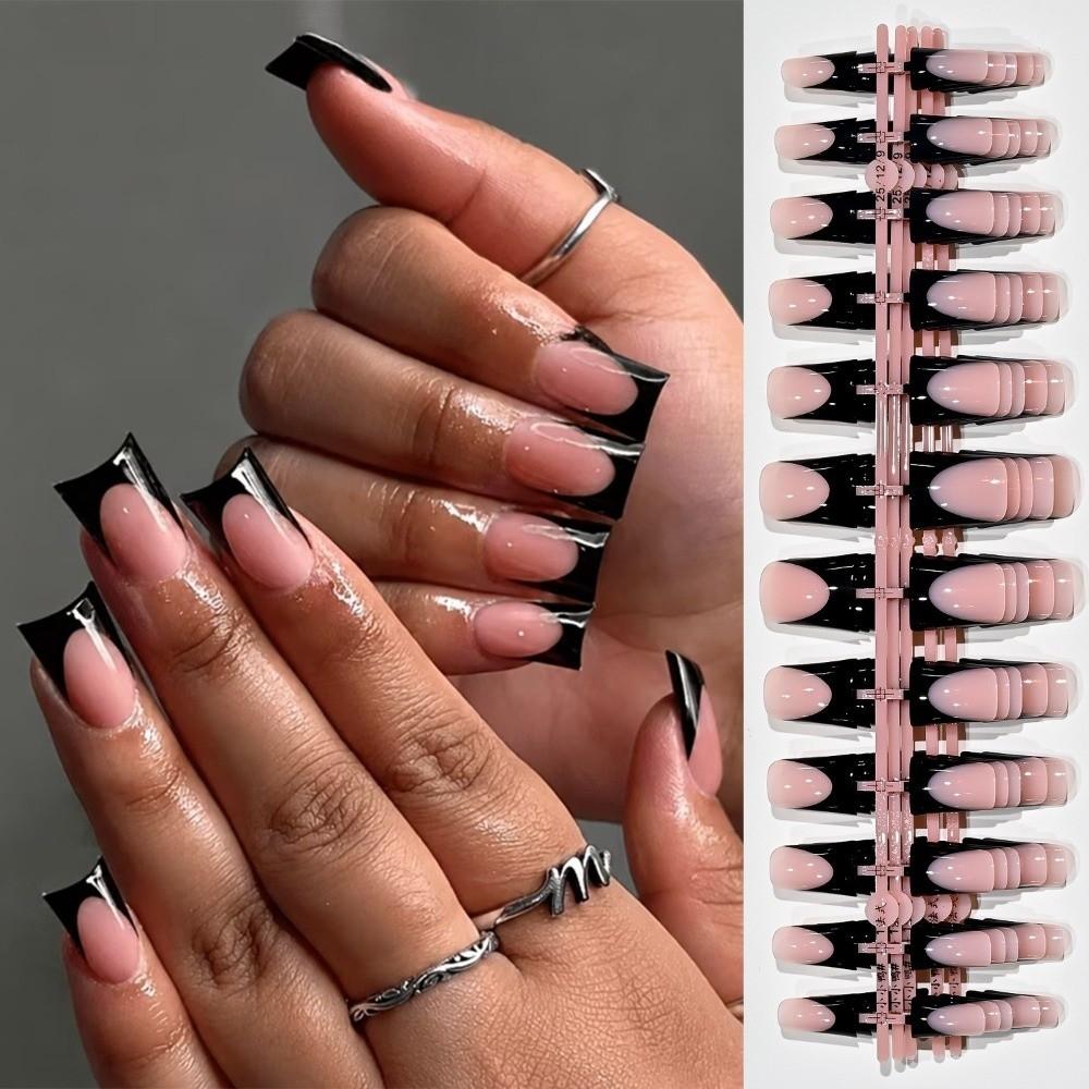 120 Pieces Nude Medium Duck Press On Nails Glossy Black French Tip Nails  For Nail Art