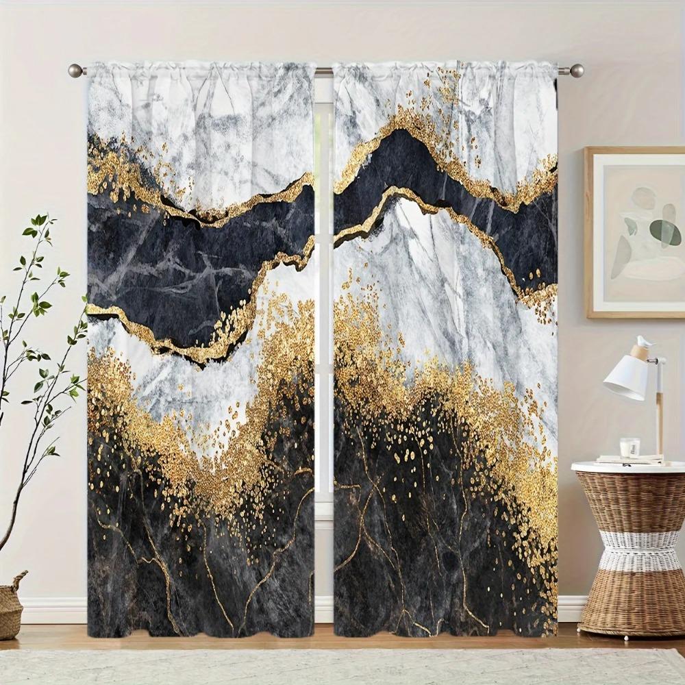 2pcs Modern Abstract Art Gray Golden Marble Printed Window Curtain For Bedroom Office Kitchen Living Room Rod Pocket Cortinas