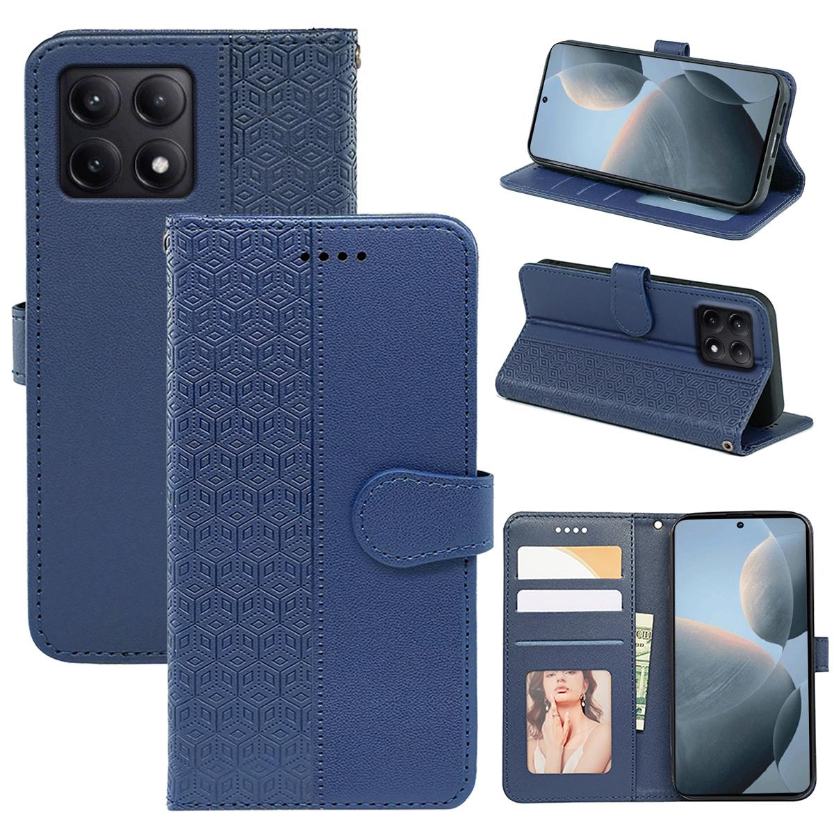 

For Xiaomi Poco F6 Pro 5G/Redmi K70 5G/K70 Pro 5G Case Cubic Grid Leather Wallet Phone Cover Blue
