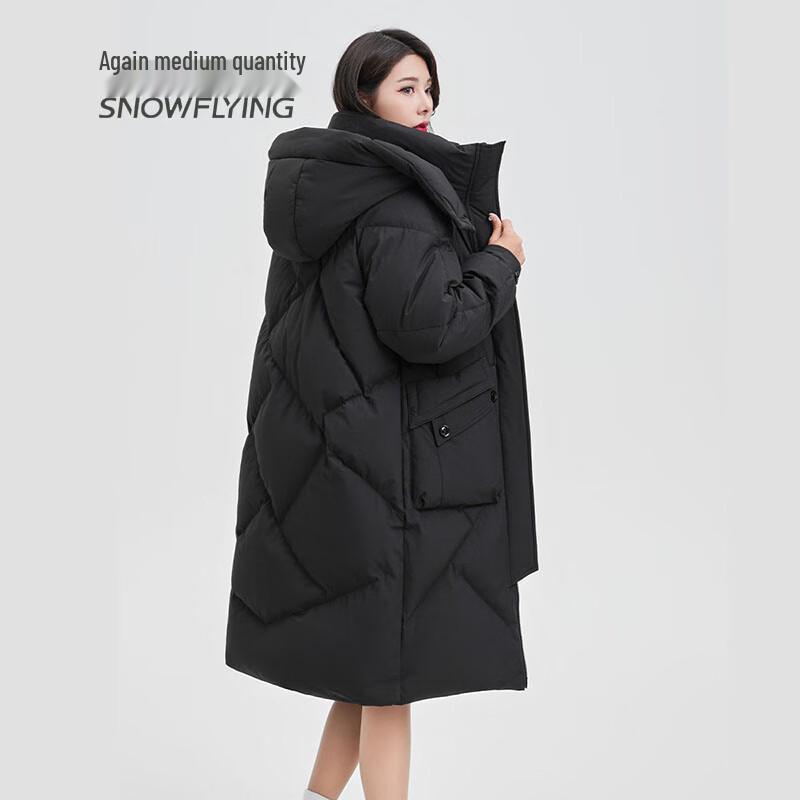 SNOWFLYING Women's Mid-Length Thick Duck Down Jacket with Detachable Hood