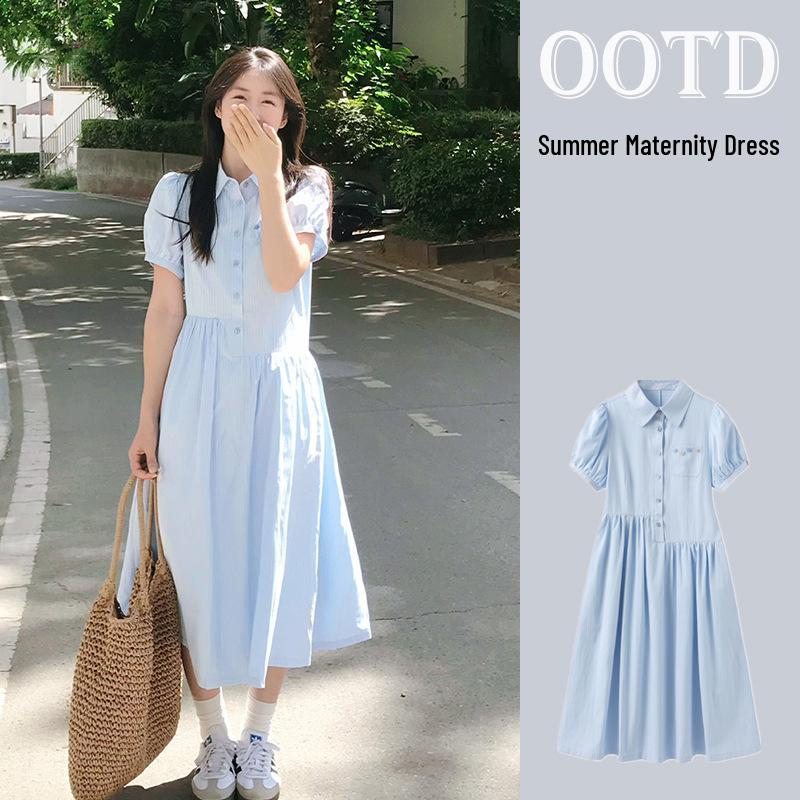 2026 Summer Blue Striped Asymmetrical Waistline Maternity Shirt Dress Medium