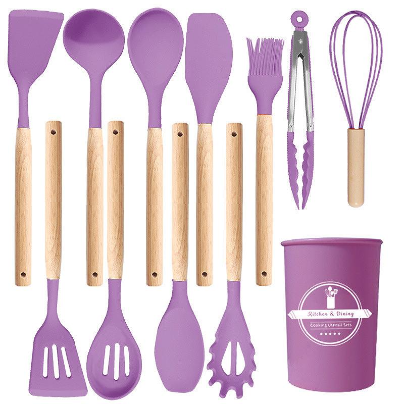 12 Pcs Wooden Handle Kitchen Utensil Set With Heat Resistant Silicone Non-Scratch And Bpa Free