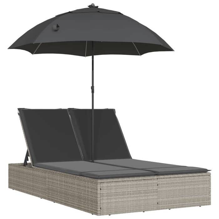 VidaXL Chaise longue double avec coussins et parasol gris clair rotin, transat, lit de jour d'extérieur, lit de jour de 368086