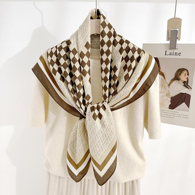 Korean Women's High-end Personalized Geometric Square Prints  Herringbone Square Scarf Design Niche Color Block Scarf