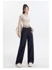Women's Dark Blue Tencel Wide-Leg Jeans with Stitched Letter Waist