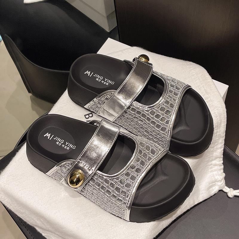 

Сумка с плоским дном, голова, полутапочки, женская летняя обувь, новые однопедальные с юбкой, сетчатые одинарные туфли, рыбацкие крутые тапочки 40 серебряный
