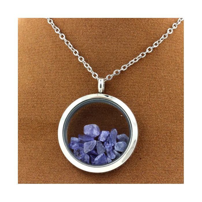 Stones and Minerals. Raw Tanzanite Necklace. 25 Mm Medallion Model. Color Silver.