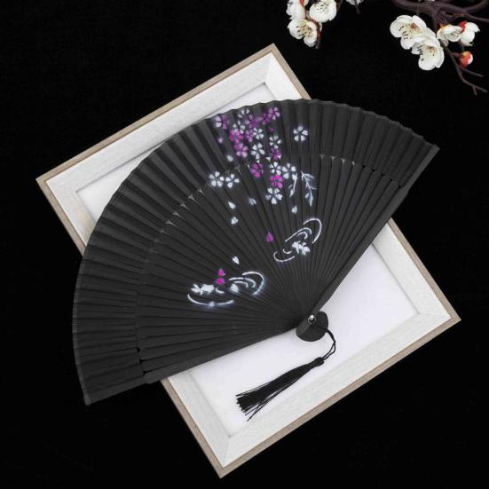 Chinese Style Flower Folding Fan with Tassels Vintage Portable Hand Fan Wedding Dance Party Decorative Handheld Fan Travel Accessory